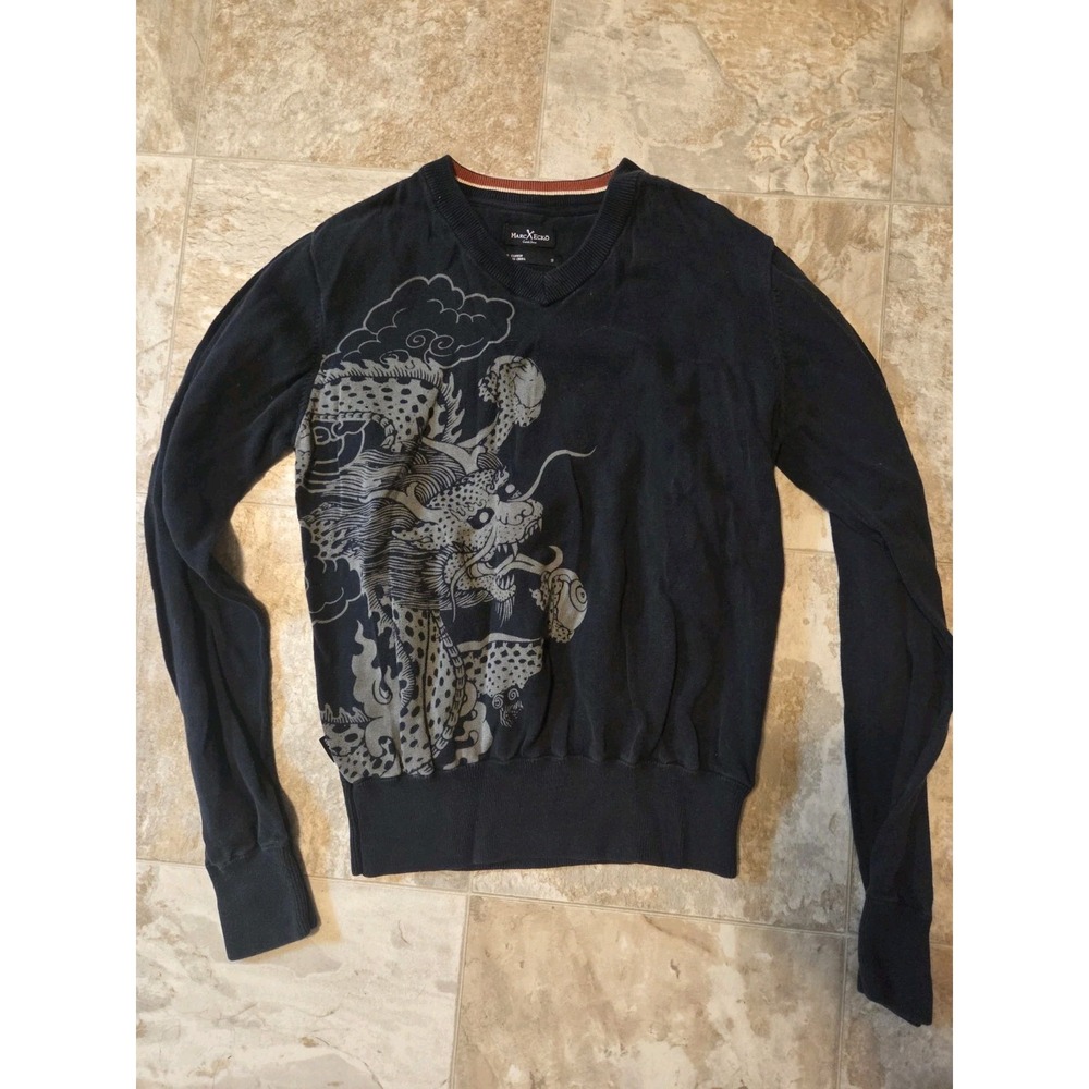 Vintage Y2K Marc Ecko Black Small Sweater With Japanese Style Dragon Graphic